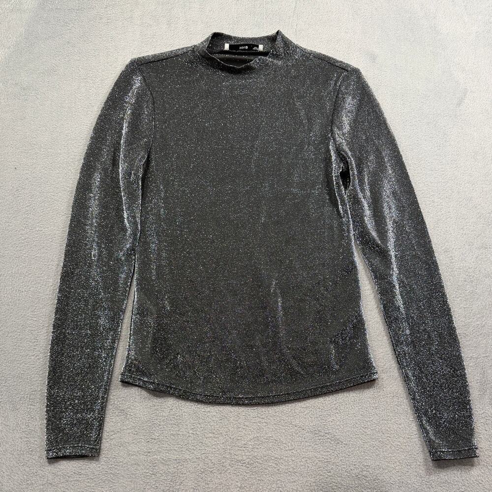 MNG Mango Womens Silver Metallic Shimmer Mock Neck Long Sleeve Top Medium M
